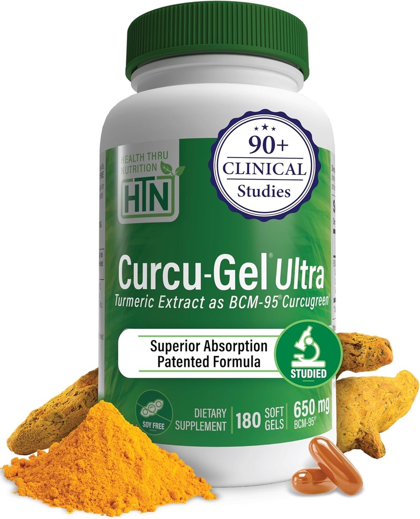 Santé Thru Nutrition Curcu-Gel 650mg BCM-95® CurcuGreen curcuma Curcumine à haute absorption Réponse à l'inflammation saine Rép. cliniquement étudiée 3e partie testée Non-OGM (paquet de 180)