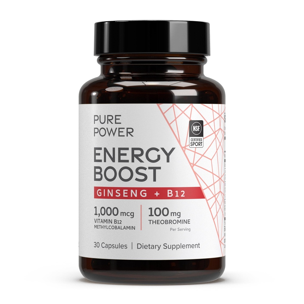 Dr. Mercola Pure Power Energy Boost, 30 porties (30 capsules), Ginseng + B12, Dieetsupplement, Boosts Physical & Mental Energy, Non-GMO