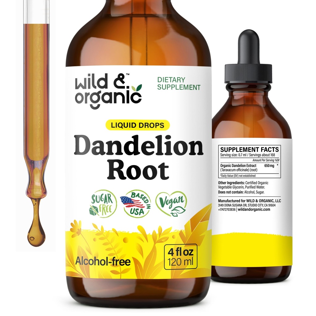 Extrait de racine de dandelion sauvage et biologique - Liver Cleanse Detox Support - Teinture de dandelion pour la santé du foie - Vegan, sucre et supplément liquide sans alcool - 4 fl oz