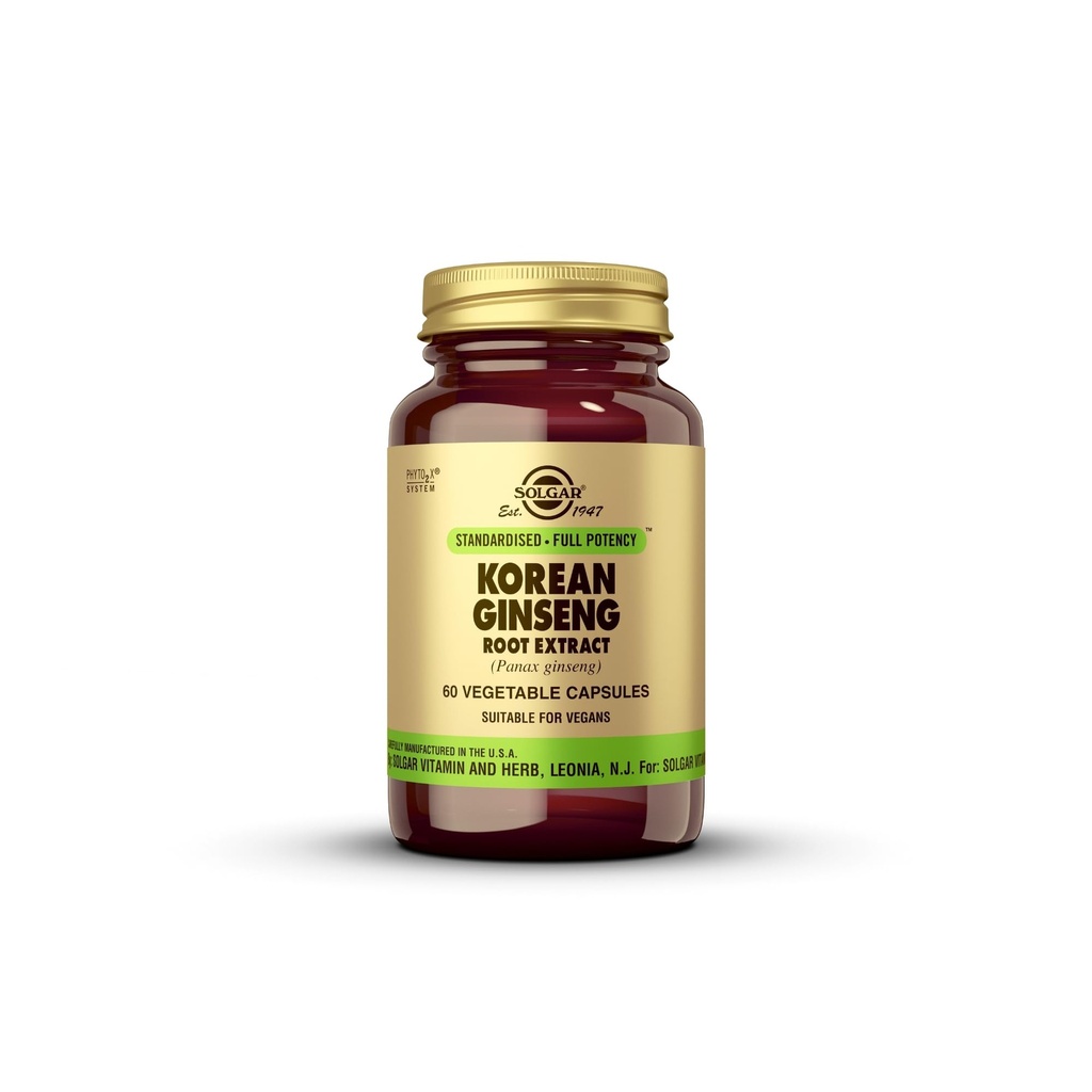 Solgar Korean Ginseng Root Extract, 60 plantaardige capsules - Immune Support - Standardized, Full Potency (SFP) - Non-GMO, Veganistisch, Glutenvrij, Zuivelvrij, Kosher - 60 porties