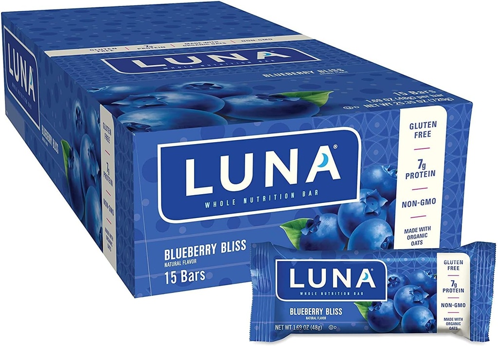 LUNA BAR - Barres de snack sans gluten - Blueberry Bliss Flavor - 7g de protéines - Non-OGM - Plante-Based Wholesome Snack - On the Go Snacks (1.69 Ounce Snack Bars, 15 comte)