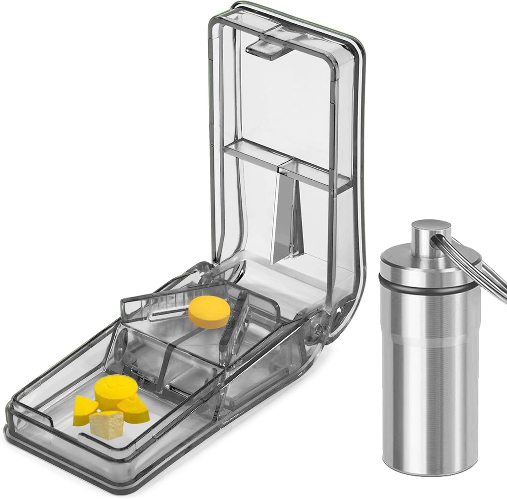 JohnBee Pill Cutter | Best Pill Cutter for Small or Large Pills | Designed in The USA| Cuts Vitamins | Pill Splitter with Shield | Includes Keychain Pill Holder (Gray)