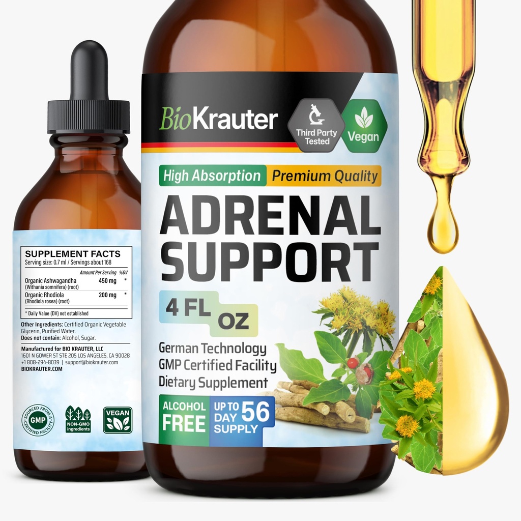 BIO KRAUTER Adrenal Support Tinctuur - Rhodiola & Ashwagandha Supplementen - Vegan Mood Support Drops 4 Fl.Oz.