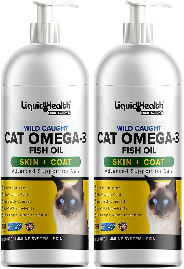 Liquid Health Huisdieren Wild Caught Omega 3 Visolie voor Katten - Liquid Omega 3 Supplement voor Katten met EPA+DPA+DHA - Verminder Jeuken, Ondersteuning Joint, Immuniteit, Hersenen, Hart Gezondheid - Made in the USA (2 Pack)