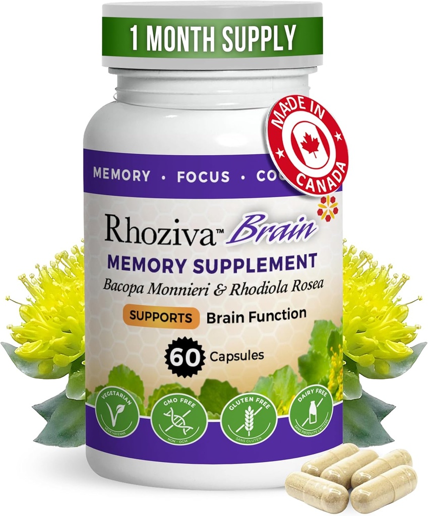 Hersensupplement - Geheugen en Focus, Rhodiola Rosea, Cognitieve Gezondheid, Concentratie, Geestelijke Helderheid, met Bacopa Monnieri, Biotine, Nootropic, Vitamine & Mineraal - 60 Capsules