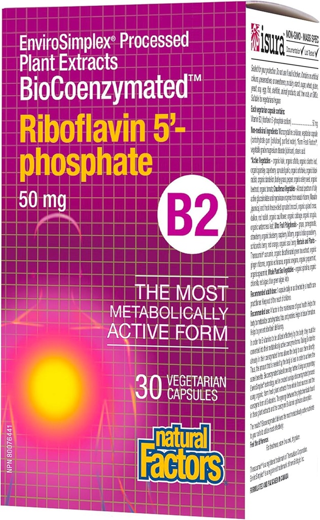 BioCoenzymatedRiboflavin5'-Phosphate 50mg Natuurlijke Factoren 30 VegCaps
