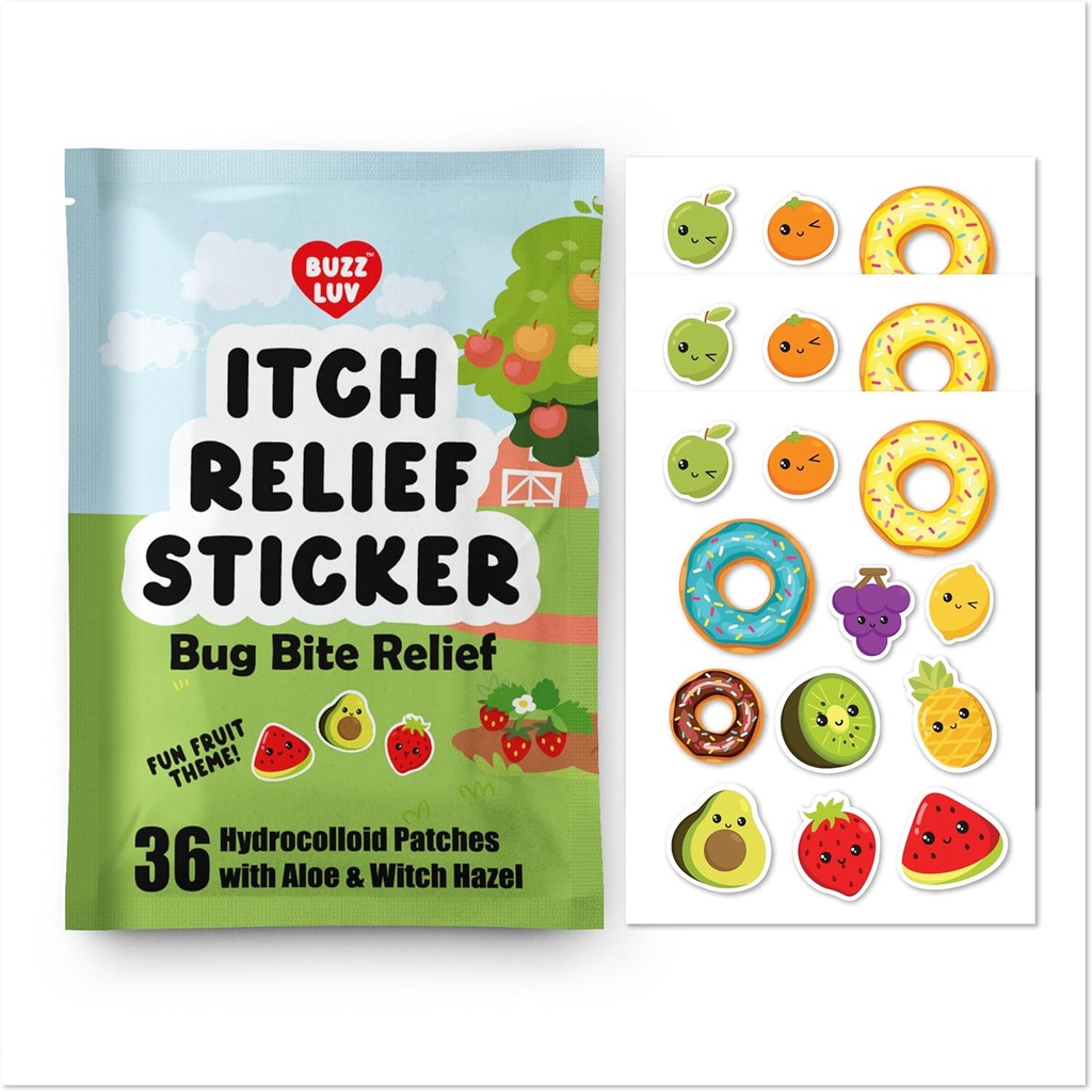 Patch de Relief de Démangeaison Hydrocolloïde, pour Mosquitos, Ticks, Midges, Sandflies Soulagement de morsure de punaise, Patch anti-démangeaison avec Aloe et Sorcière Hazel, Relief de morsure d'insectes, Ami des enfants, Thème des fruits naturels