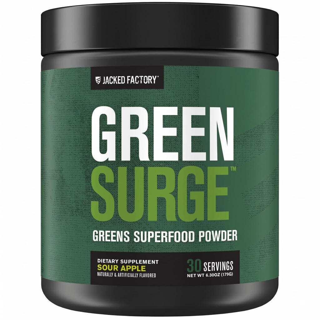 Ge Jacked Factory Green Surge Green Superfood Powder- Keto Friendly Greens Drink w/Spirulina, Tarwe & gerst Grass, Biologische Groenen - Groene Thee Extract, Probiotica & decompensative Enzymes - Zure Apple