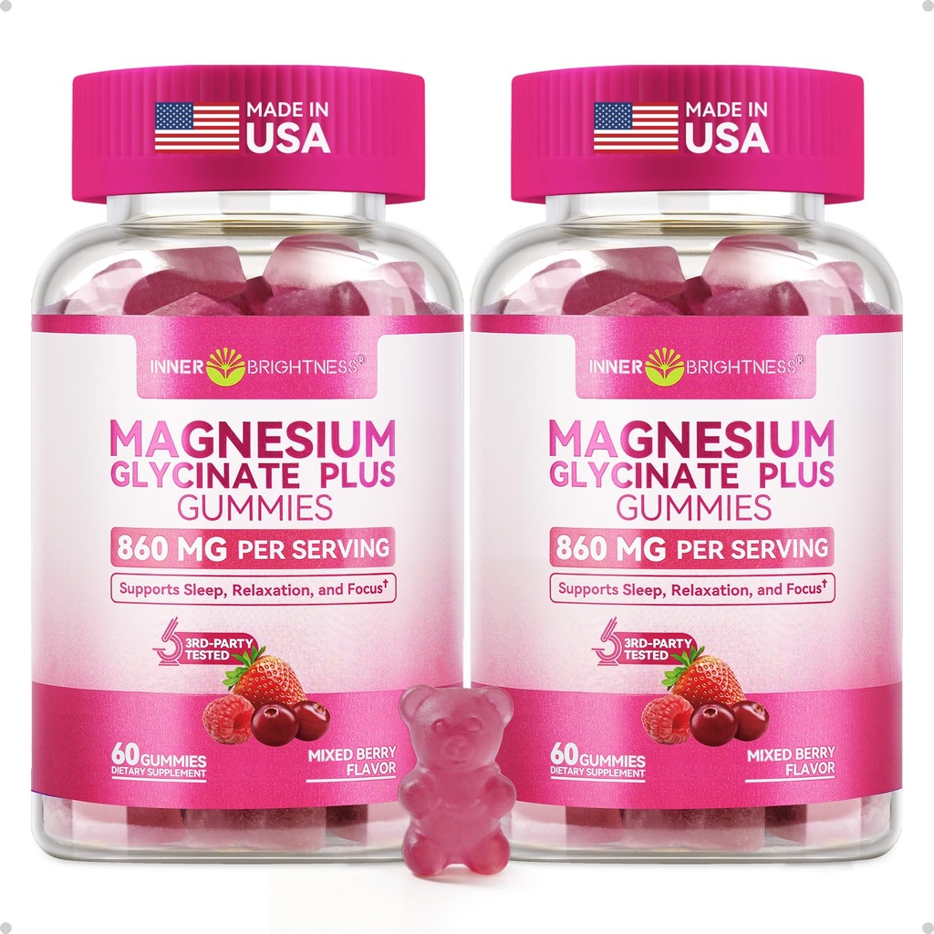 Gommies de magnésium glyciné 600mg, non-OGM, sans gluten, gommes de magnésium pour adultes, sommeil, relaxation et focus, baies mixtes, 120 Nombre