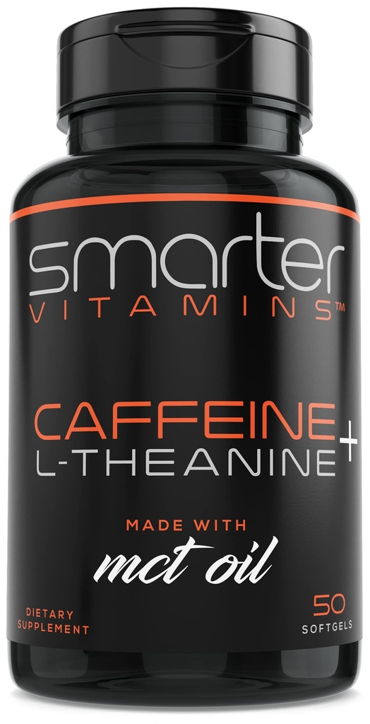 SlimmereVitaminen 200mg Cafeïne pillen - MCT Olie van 100% Kokosnoten + 100mg L-Theanine, Energie en Focus, Uitgebreide Release Capsule, 50 Liquid Softgels