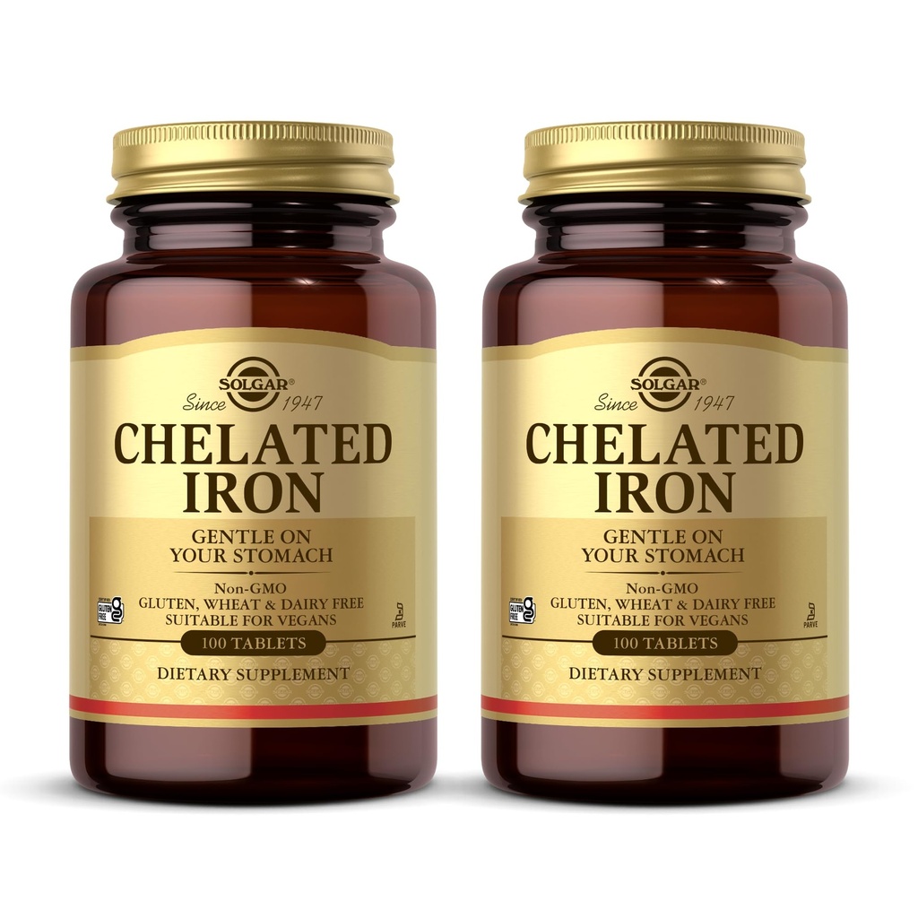 Solgar gecheleerd ijzer - 100 tabletten, Verpakking van 2 - Voorzichtig op je maag - Non-GMO, Veganistisch, Glutenvrij, Zuivelvrij, Kosjer - 200 Totaal porties