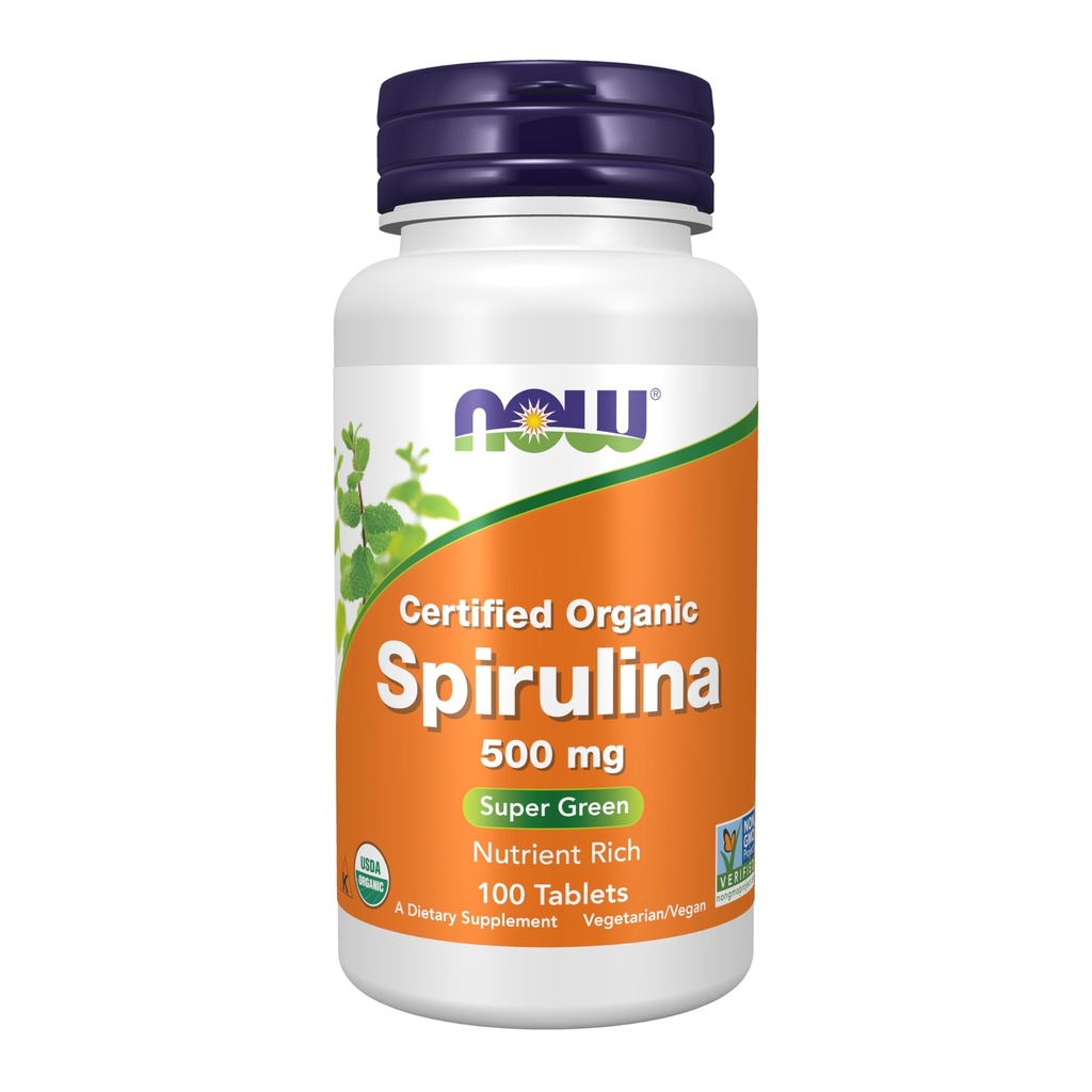 NOW Supplementen, Organische Spirulina 500 mg met vitamines, mineralen en GLA (Gamma-Linoleenzuur), 100 tabletten