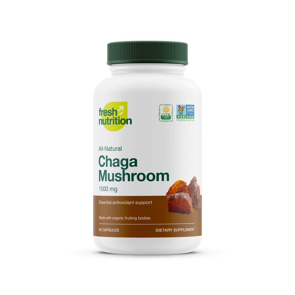 Champignons de Chaga bio – DNA le plus fort vérifié 1500mg par portion – Haute en fibre – Non OGM, sans gluten et sans soja, végétalien