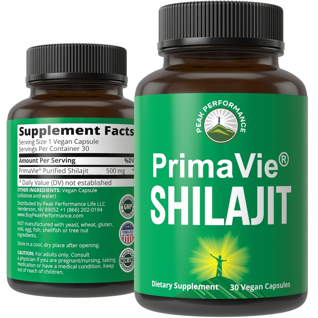 PrimaVie purified Shilajit Capsules en poudre pure Shilajit. Supplément naturel testé cliniquement avec 40 minéraux traces, acide fulvic. Comprimés Soutien Mitochondria + Fonction cérébrale