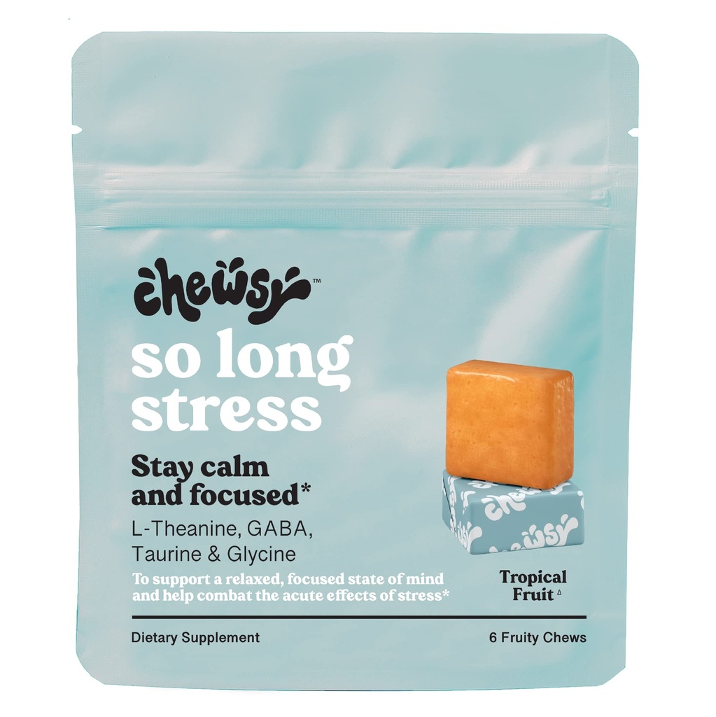 Chewsy Zo lang Stress, Kalm Fruitige Kauwen, Blijf Kalm & Gefocust. w/L-theanine, Aminozuur, GABA, Glycine, Tyrosine, Taurine & Magnesium. Niet-GMO en Glutenvrij. Tropische Fruitige Kauwen, 6-daagse levering