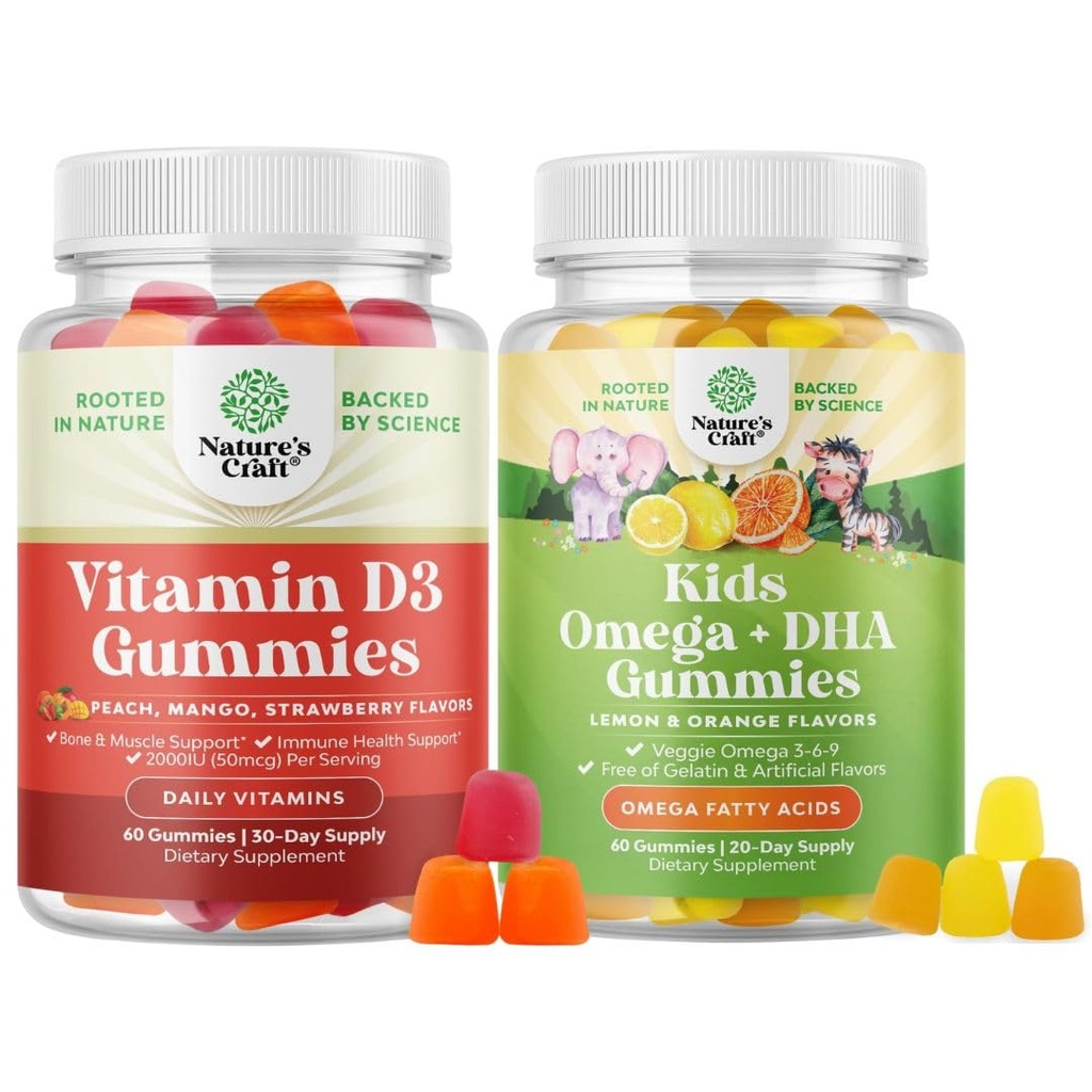Bundel van vitamine D3 Gummies voor dagelijkse wellness met 2000IU per Serving Bone Muscle & Immune Support and Kids DHA Omega 3 Gummies - Fatty Acids Omega 3 6 9 voor Hersenen, Immuun Kracht & Vision
