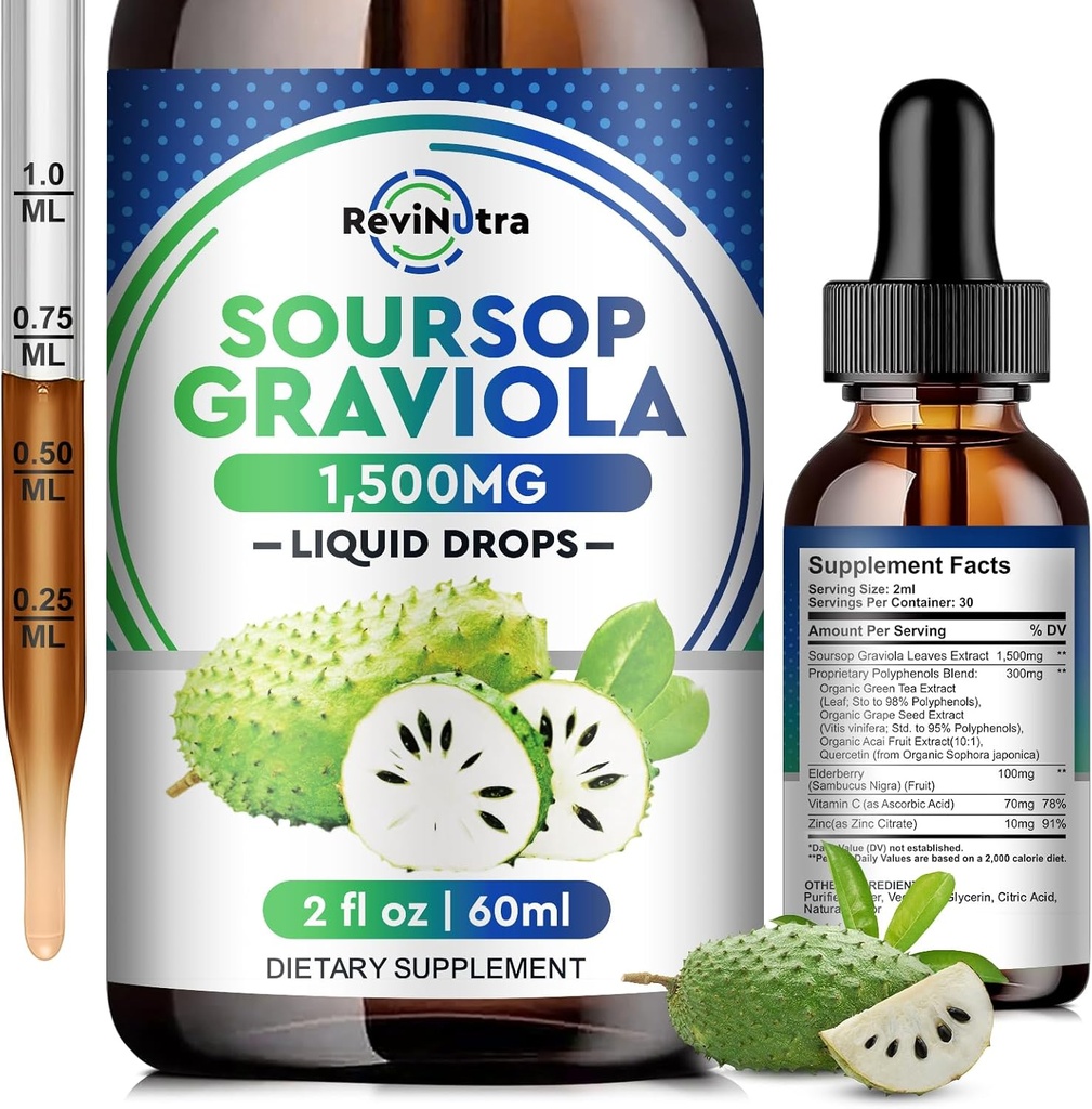 Sourop Graviola gouttes liquides - 8 en 1 extrait de sourop biologique avec la mûre aînée, Quercetin, Soursop Bitters Liquid Complements for Imune Boost, huile de sourop à base de plantes Graviola Leaf Tincture, 2 Fl Oz