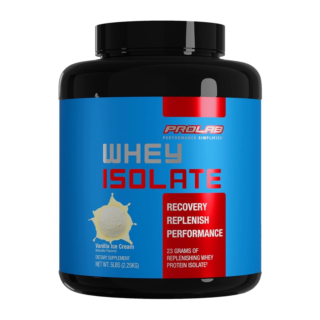 Prolab Whey Isolate 5LB, Ultra-Pure, Amortissement rapide de la protéine Whey Isolate avec 23g de protéines et BCAA, soutient la croissance musculaire maigre, la récupération et la performance (Vanilla Ice Cream)