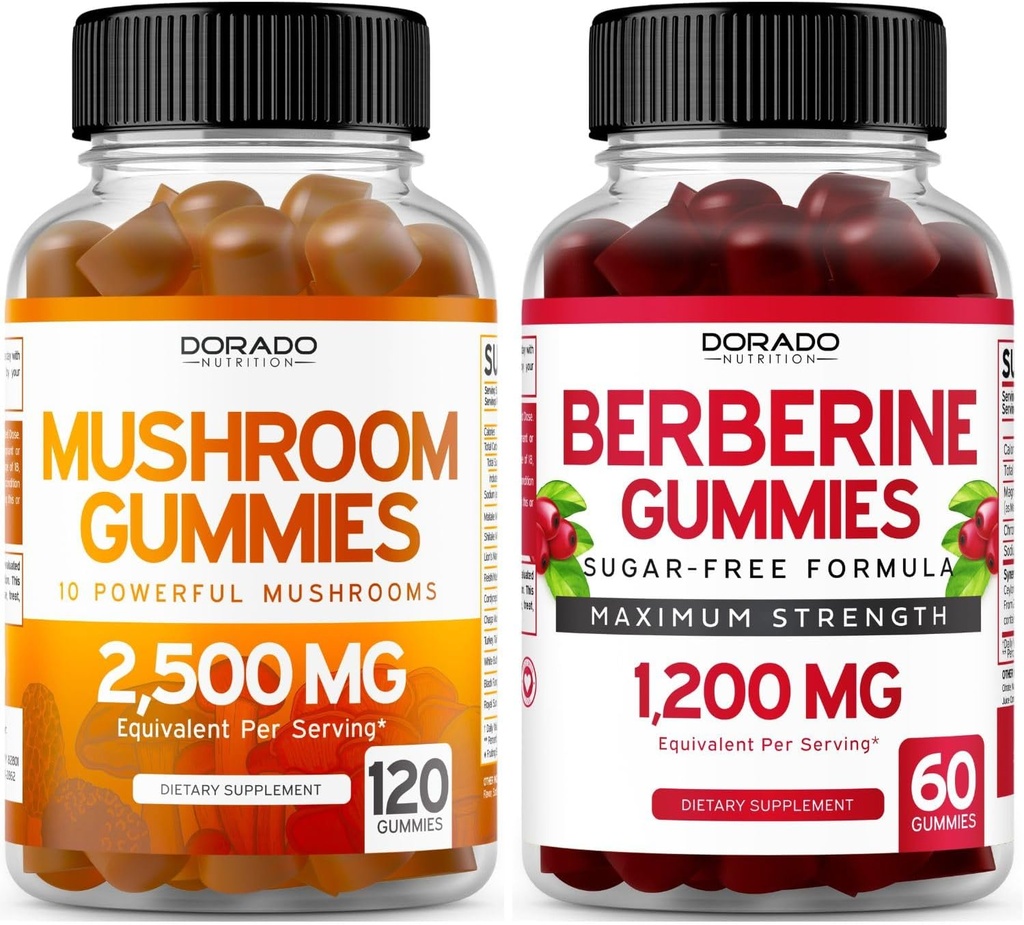 Mushroom Gummies (120 Gummies) Focus & Brain Mushroom Supplement en Berberine met Ceylon Cinnamon (60 Count) Premium Sugar-Free Supplement voor volwassenen - Third-Party Tested, Non-GMO & Made in USA