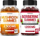 Mushroom Gummies (120 Gummies) Focus & Brain Mushroom Supplement en Berberine met Ceylon Cinnamon (60 Count) Premium Sugar-Free Supplement voor volwassenen - Third-Party Tested, Non-GMO & Made in USA