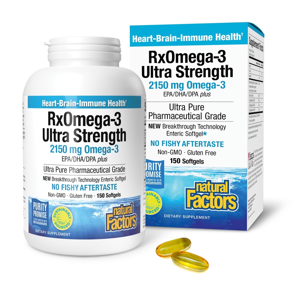Natuurlijke factoren RxOmega-3 Ultra Kracht - Dieetsupplement voor hersen- en hartgezondheidsondersteuning - Eye Health Supplement met EPA & DHA - Supplement met Omega-3 vetzuren - 150 Softgels (75 porties)