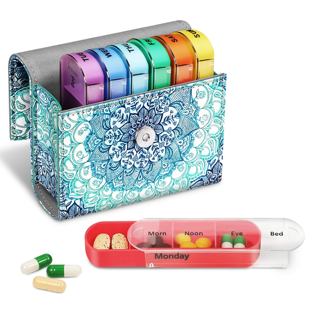 FINPAC Weekly pil Organizers 4 keer per dag, schuif Open PU lederen geval Travel Pill Vitamine Geneeskunde Herinnering en Planner met Naamkaart voor de Morgen