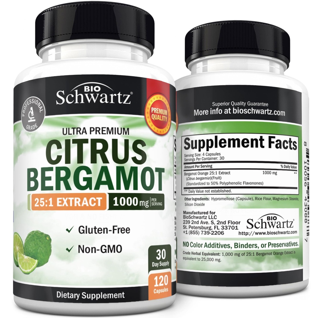 Citrus Bergamot 1000mg - Supplément Citrus Bergamot pour le cholestérol et la santé cardiaque - Ultra concentré à partir de fruits frais pour l'absorption améliorée - Vegan, non-OGM, sans gluten - 120 Mini Capsules