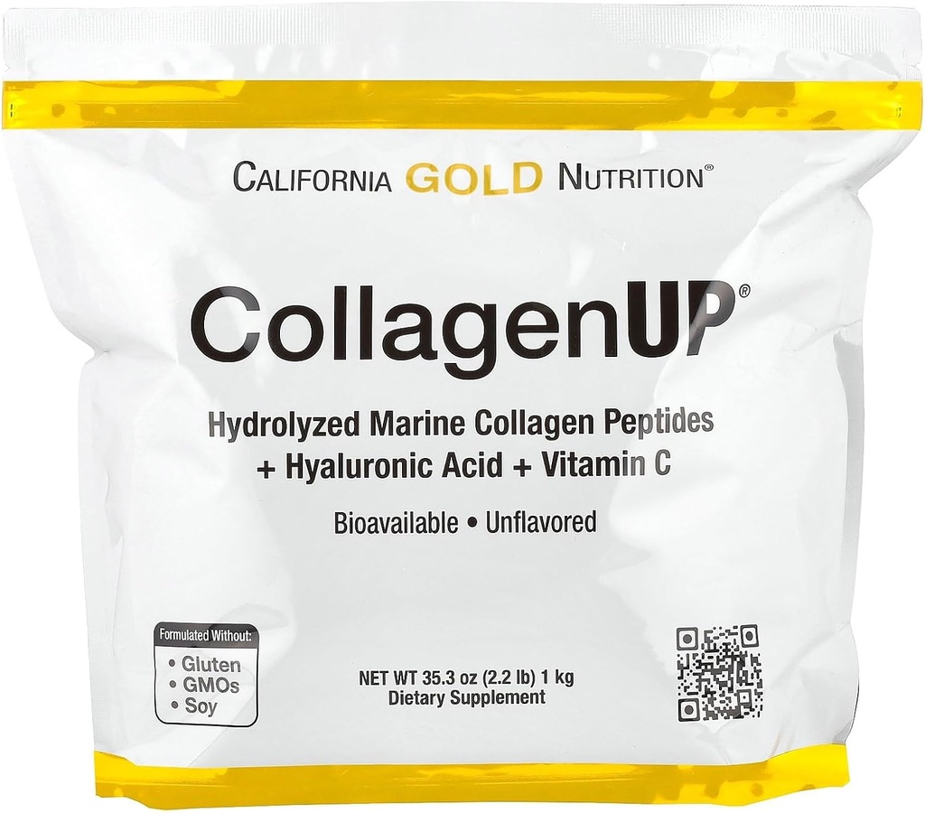California Gold Nutrition CollagenUP®, Gehydrolyseerde Marine Collagen Peptiden met Hyaluronzuur en Vitamine C, Unflavored, 2,2 lb (1 kg)