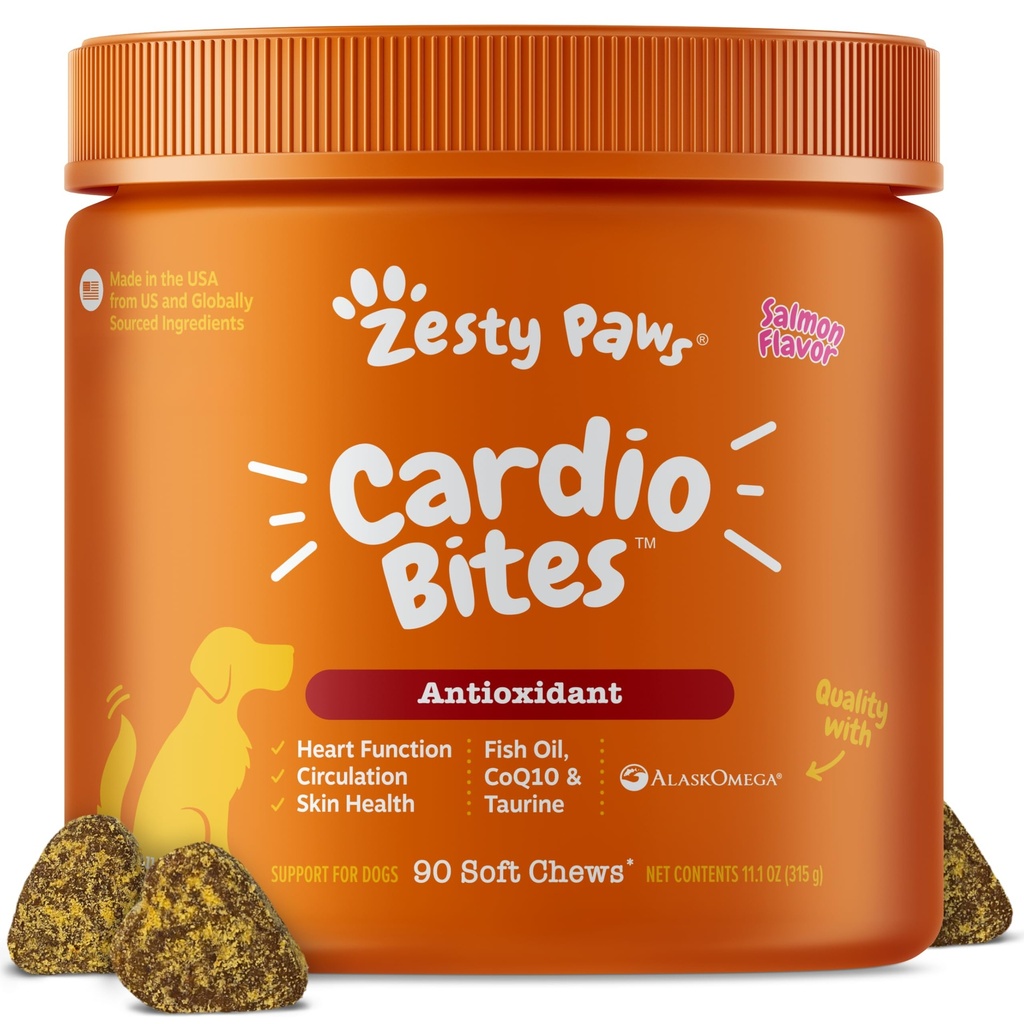 Zesty Paws Cardiovasculaire ondersteuning voor honden - Taurine voor honden - met CoQ10, L Carnitine & Sea Buckthorn - Senior Heart Health - AlaskOmega Fish Oil Omega 3 - Senior - Zalm - 90 Tel.