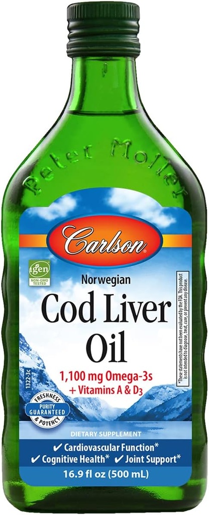 Carlson - kabeljauwleverolie, 1100 mg Omega-3s + A & D3, Wild-Caught Norwegian Arctic Cod-Liver Oil, duurzaam geproduceerd Nordic Fish Oil Liquid, Unflavored, 500 ml (16,9 Fl Oz)