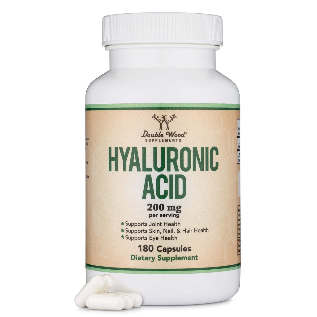 Suppléments d'acide hyaluronique -180 Capsules (Effets d'amélioration du sérum d'acide hyaluronique pour le visage) 200mg par portion pour le vieillissement de la peau et du visage (Acido Hialuronique) Sans gluten par double bois