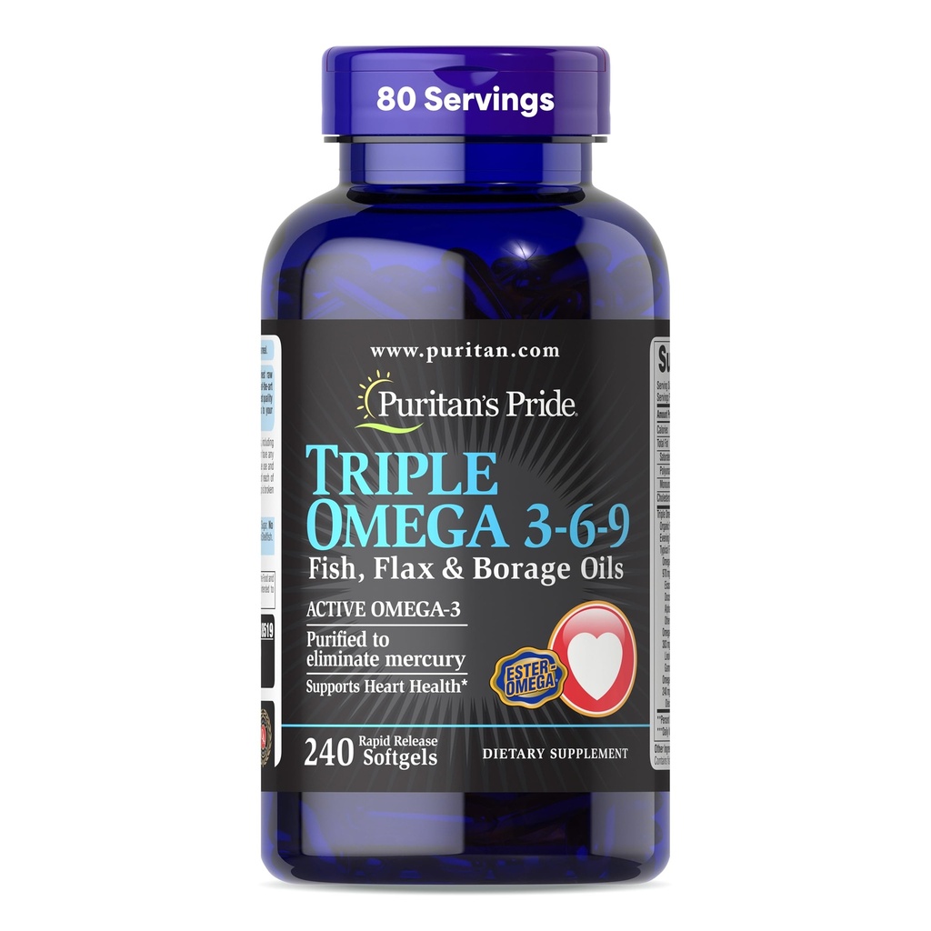 Puritan's Pride Premium Triple Active Omega 3-6-9 Vis, Vlas, en Borage Oils, Dieetsupplement voor hart, gewrichts, en Cellular Health Support, 240 Rapid Release Softgels