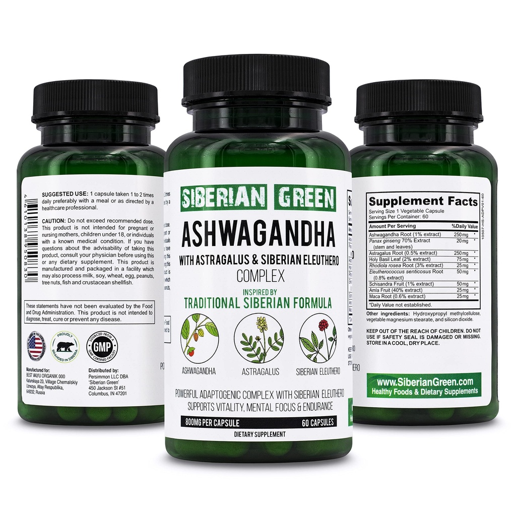 Siberische Groene Biologische Ashwagandha Wortel met Astragalus & Siberische Eleuthero Ginseng Complex 60 Capsules Krachtige kruidenondersteuning