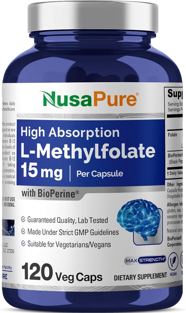 NusaPure L Methylfolaat 15mg, 120 Veggie Capsules, Bioperine