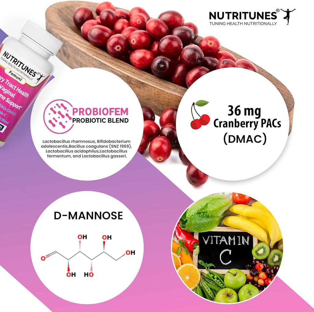 Cranberry PAC's met D Mannose Supplementen voor vrouwen, vitamine C en vrouwen Vaginale Probiotica inclusief Lactobacillus en Bifidobacterium stammen voor Urinaire Tract Health - 60 Femuni UTH Capsules