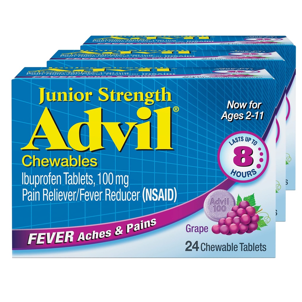 Advil Junior Strength Kauwbare Ibuprofen Pijn Reliver en koorts Reducer, Kinderen Ibuprofen voor pijnverlichting, Grape - 24 tabletten (verpakking van 3)