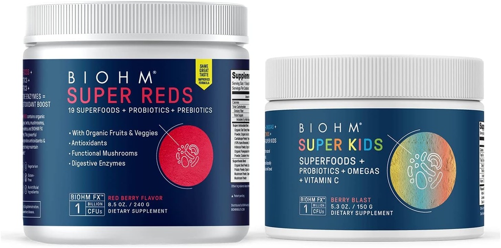 BIOHM Super Reds Superfood Powder, Tart Cherry & Super Kids Superfood Powder + Probiotica, Beneficiele Antioxidanten & Omega-3 - Glutenvrij, GGO vrij, zuivelvrij, Geen kunstmatige ingrediënten