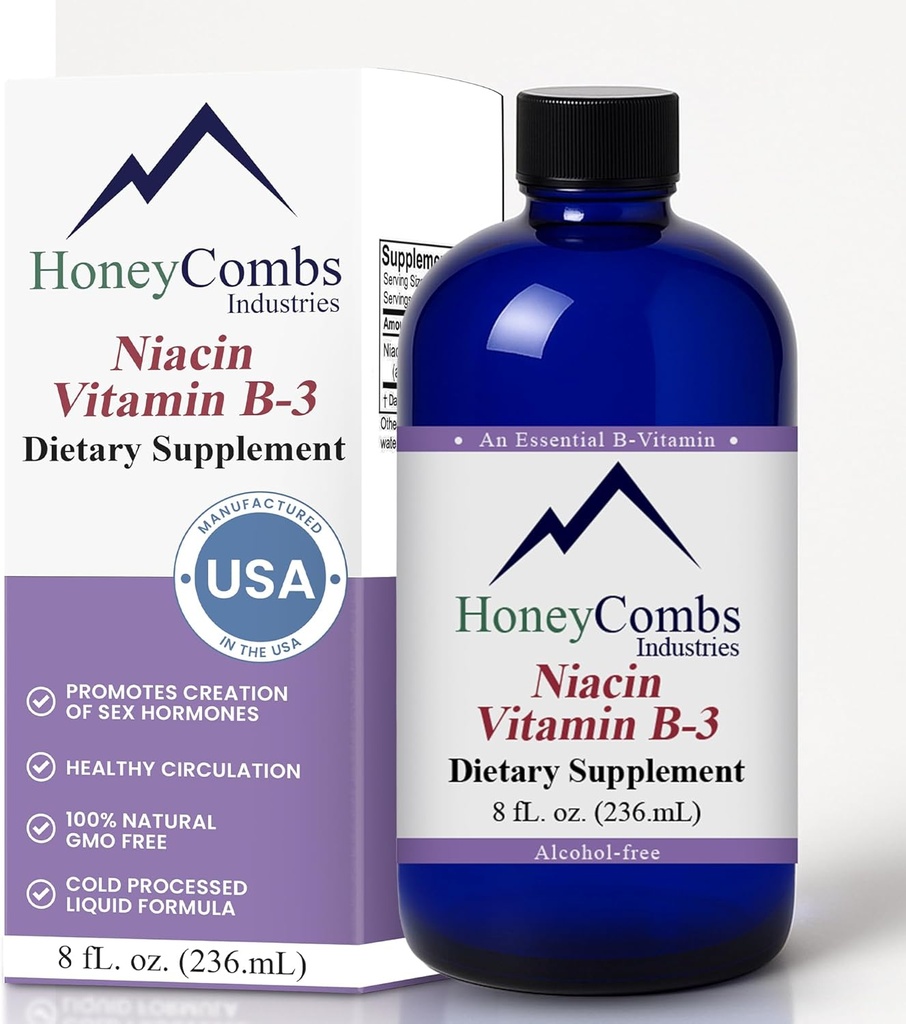 HoneyCombs Vitamine B3 Niacin Supplement Liquid Drops - High Potency Vitamine B3 Liquid Drops for Men & Women - Maintain Digestive System, Skin, Tong, Energy and More - Vegan Niacin Drop (8 Fl oz)