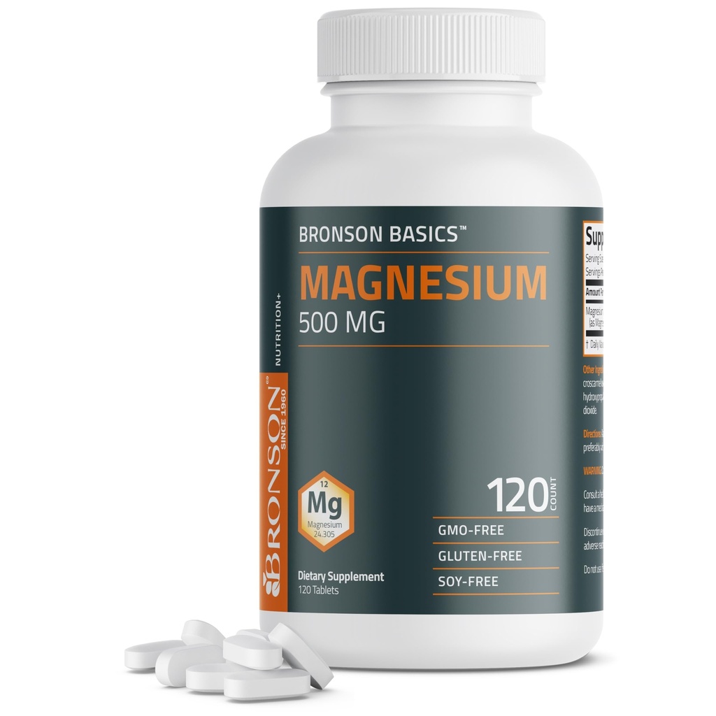 Bronson Magnesium 500 MG ondersteunt bot & Muscle Health & Zenuwstelselondersteuning - niet-GMO, 120 Vegetarische tabletten