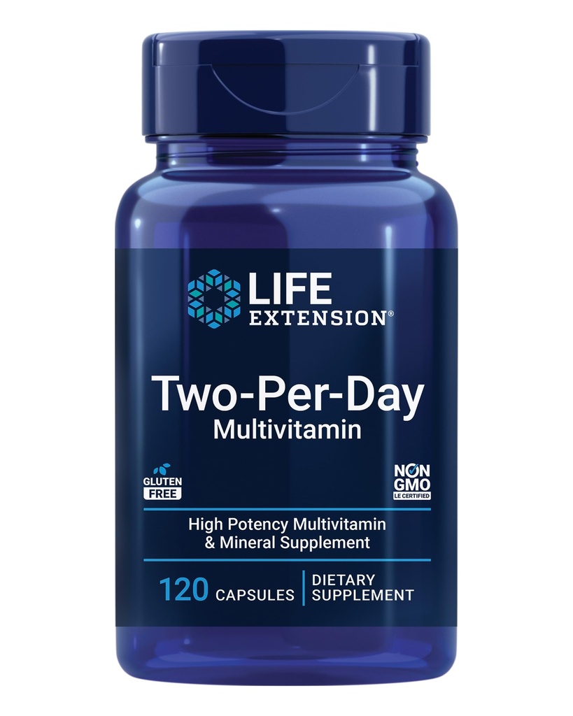 Life Extension Two-Per-Day Multivitaminen, Vitaminen B, C, D, zink, Verpakt met meer dan 25 Vitaminen, Mineralen & extracten, Tweemaands levering, Non-GMO, Glutenvrije, 120 Capsules