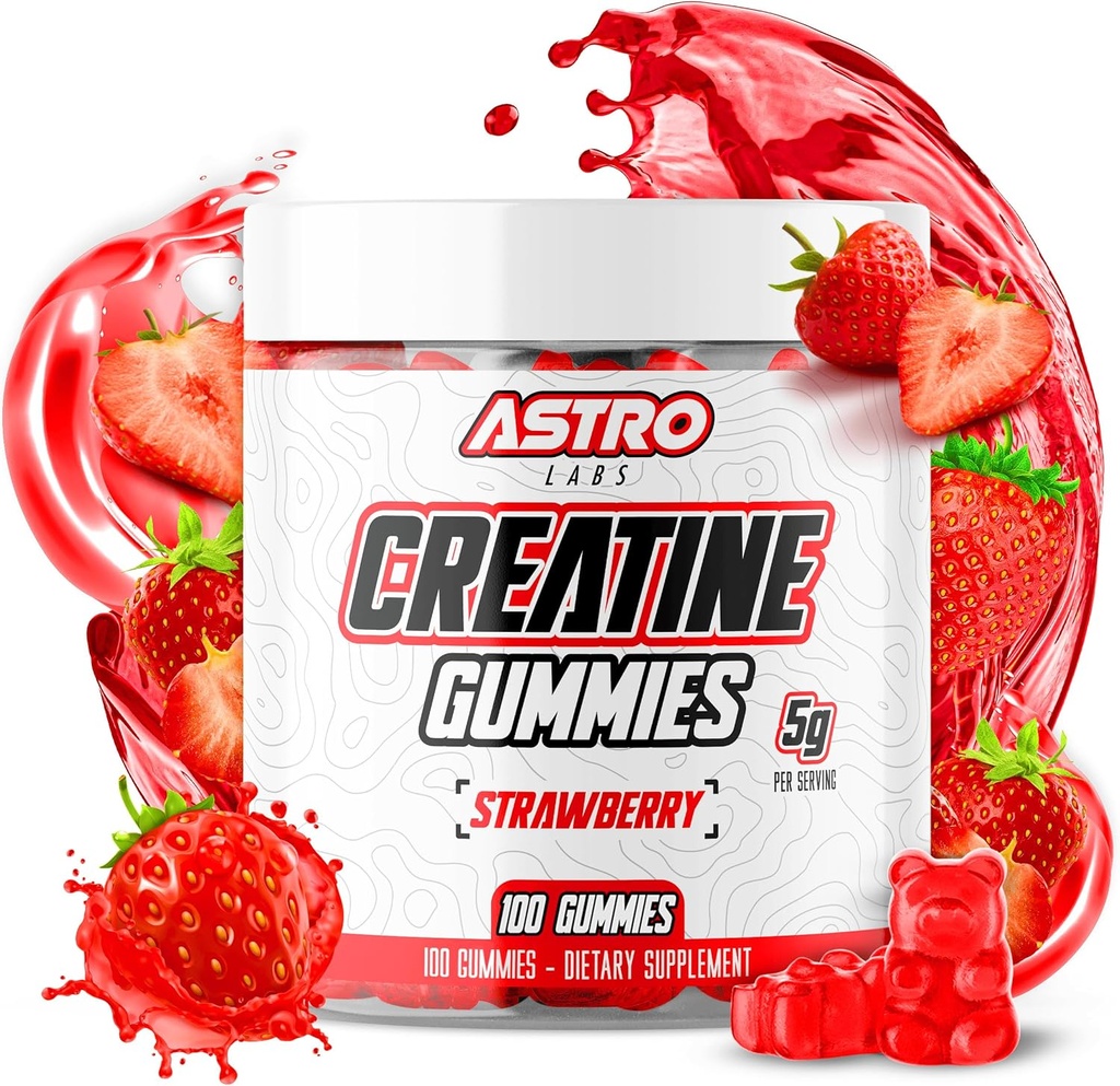 Creatine Gummies voor mannen en vrouwen - 5g per portie, Verhoog de sterkte, spierwinst, herstel, duurzaamheid - Veganistisch, Glutenvrij, Lage suiker Creatine Monohydraat Gummies - Aardbei (100 telling)
