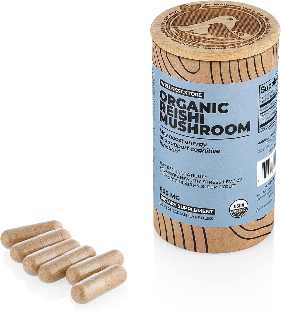 Reishi Organic Mushroom Supplément Capsules d'extrait de ganoderma, supplément de soutien immunitaire
