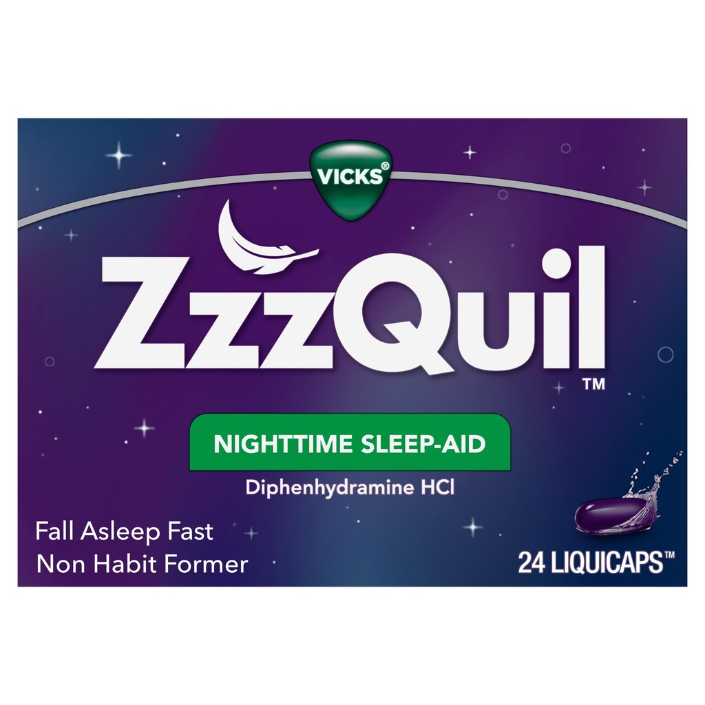 Vicks ZzzQuil, aide au sommeil de nuit LiquiCaps, 25 mg de Diphenhydramine HCl, marque d'aide au sommeil no 1, forme non-habitante, sommeil d'automne rapide, 24 nombre