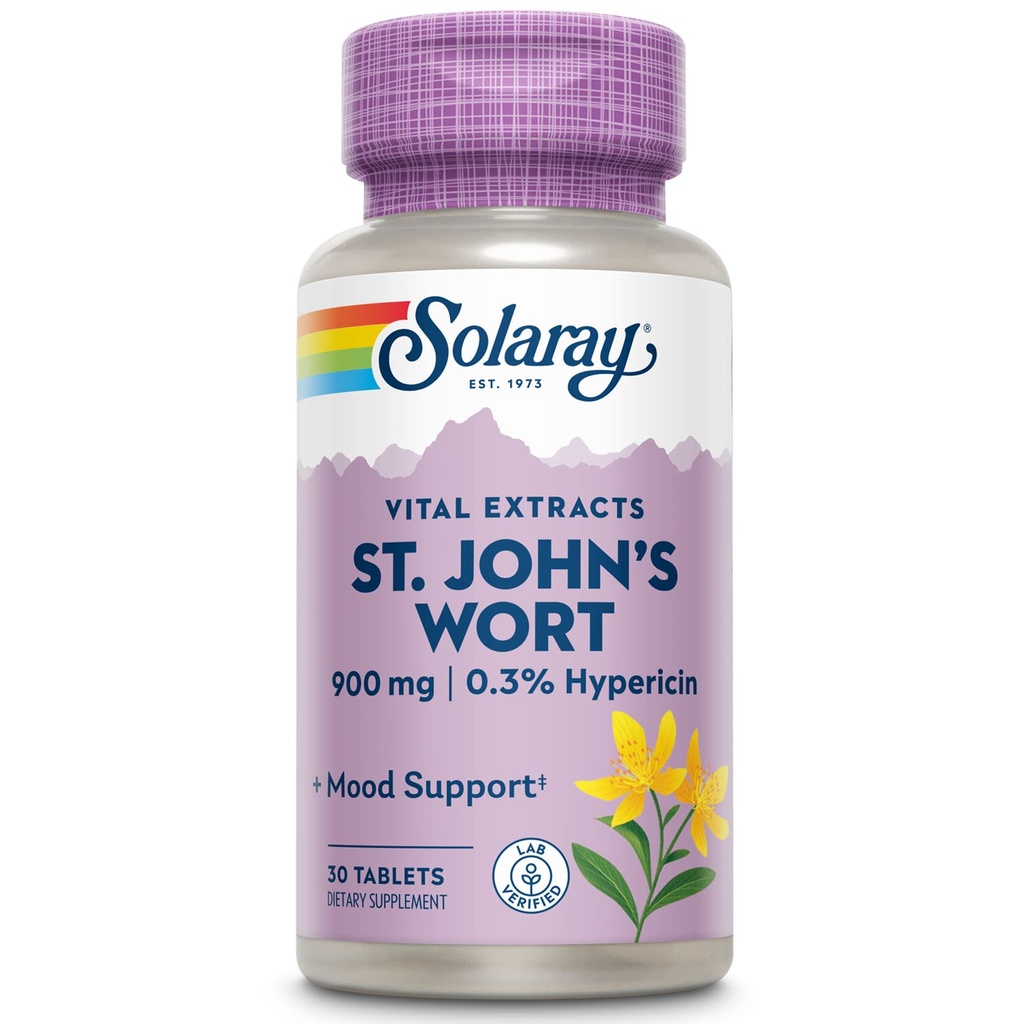 SOLARAY St John's Wort 900 mg, Une fois l'humeur quotidienne Supplément de soutien, standardisé à 0,3% Hypericine pour le soutien de la santé du cerveau et une humeur équilibrée, garantie de remboursement de 60 jours.