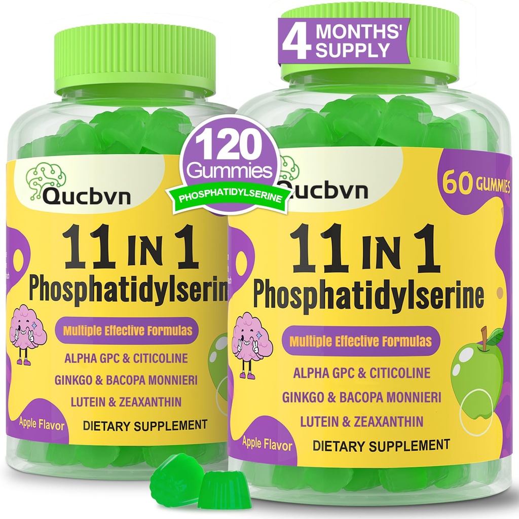 (2 Packs) Fosfatidylserine 600mg Gummies, Hersensupplement voor geheugen, concentratie en concentratie - Fosfatidylserinegeheugensupplement met Alpha GPC, B6 & B12 voor hersenen en cognitieve, 120 Gummies