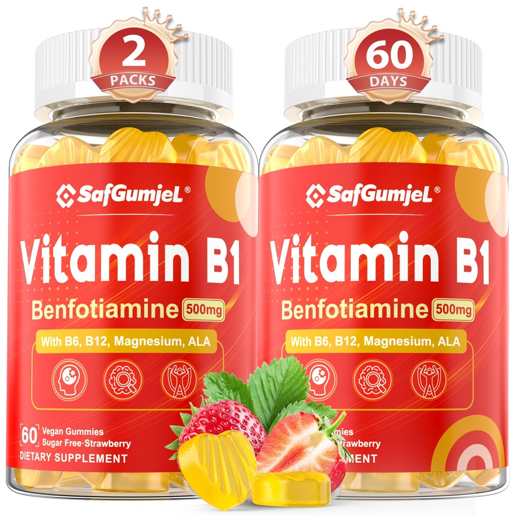 Vitamine B1 Gummées: 500mg de benfotiamine avec vitamine B6 B9 B12 et magnésium pour la santé, l'énergie et le métabolisme Nerveux Soutien au sucre, sans OGM, végétalien, 120 comtes