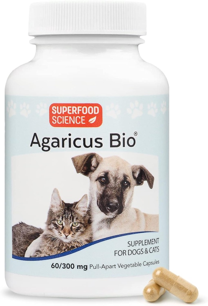 Agaricus Bio 300mg voor honden en katachtigen, Beta Glucon Mushroom Pet Supplement op Boost Critical Immune Defense & Cellular Health, Antioxidant Powder, Energy Support voor oude honden en katten, 60 caps
