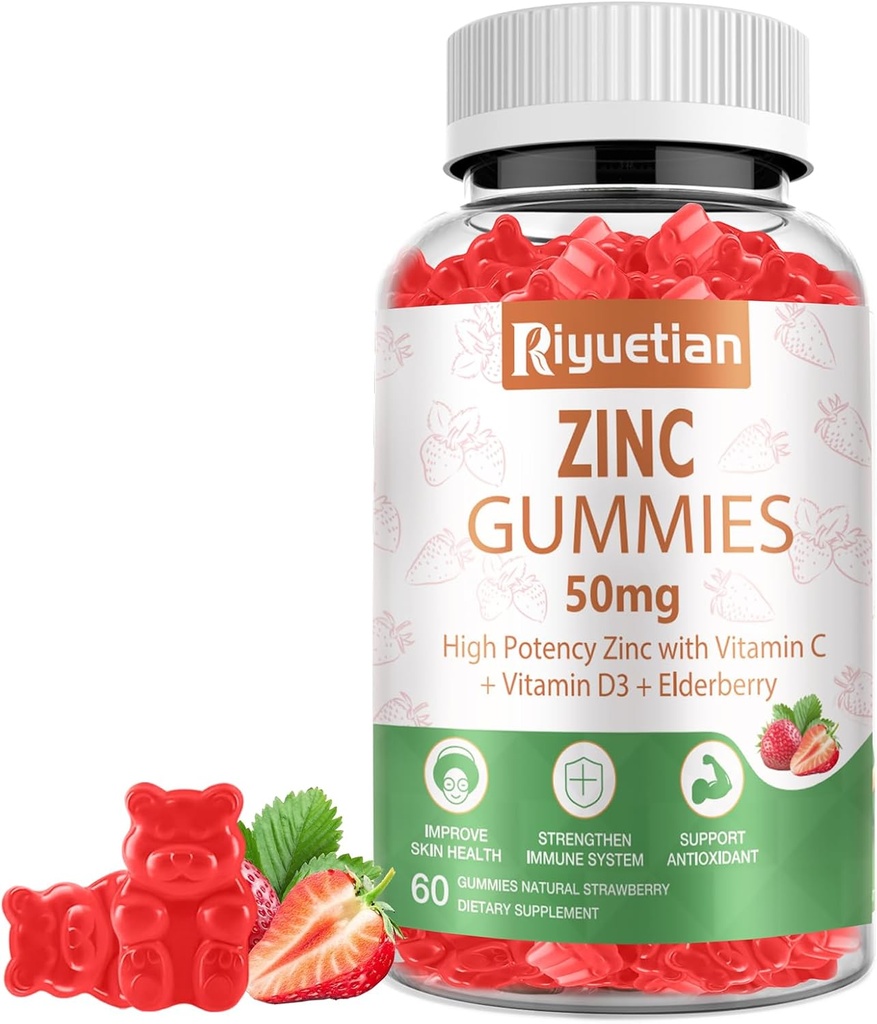 Zink Gummies - 50mg Hoge Potentie Zink met Vitamine C + Vitamine D3 + Vlierbes - Immune Health Support - Vegan, Non-GMO en Glutenvrij - 60 Gummies