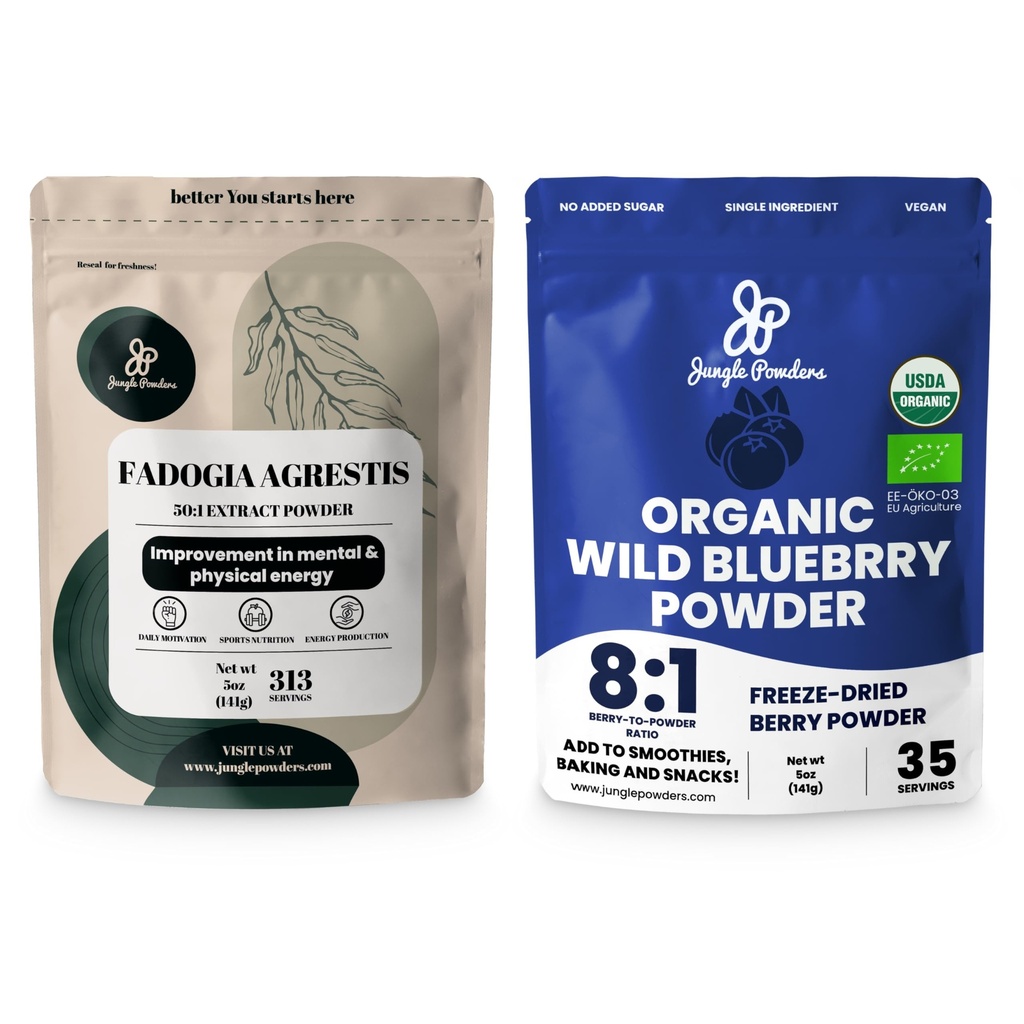 Jungle Powders Heren Gezondheid & Vitality Bundle: 5oz Fadogia Agrestis Extract Powder for Drive & Passion + 5oz USDA Certified Organic Wild Blueberry Powder for Enhanced Wellness in Smoothies & Baking!