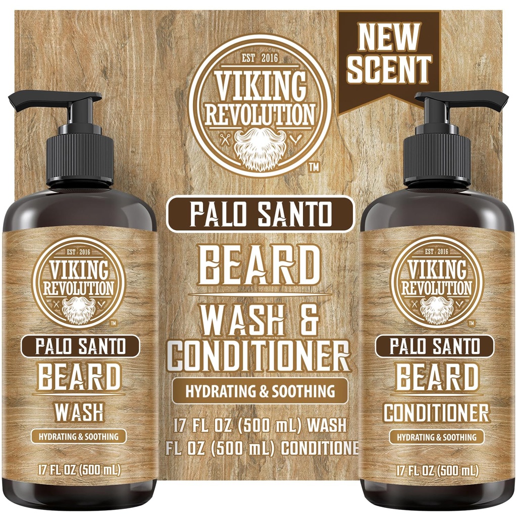 Révolution Viking Palo Santo Laver la barbe et le revitalisant de barbe Set avec Argan et Jojoba huiles - Adoucit et renforce - Natural Palo Santo Scent - Shampooing de barbe avec extrait de racine de ginseng (17 oz)